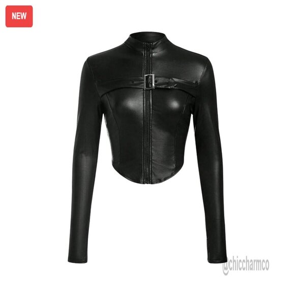 Jackets & Blazers - Leather Cropped Jacket Zip Up Outerwear Long Sleeve Stand Collar